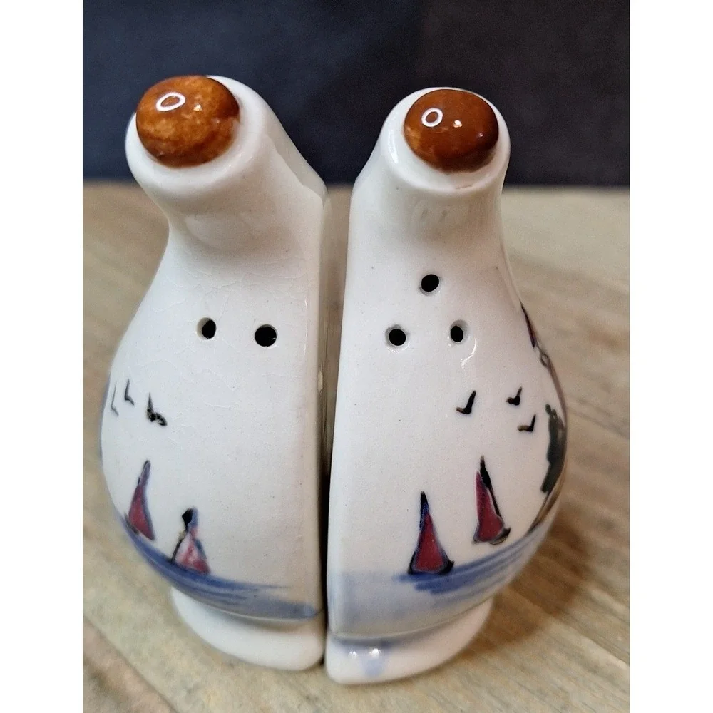 Vintage Nautical Lighthouse Sailboat Ceramic Salt and Pepper Shakers Set Corks